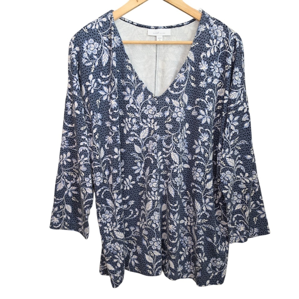 J Jill Pure Jill Top Womens XL Tall Blue Floral Print Eco Terry Tunic Casual